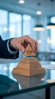 Businessman placing wooden block with handshake symbol on pyramid stack in modern office, representing partnership, teamwork, and business growth strategy.