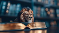 Majestic lion wearing glasses studies open book in library setting with bokeh lights background, combining wisdom and strength in surreal composition.