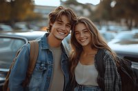 Young diverse couple smiling outdoors, wearing casual denim and plaid clothing with backpacks. Natural lighting creates warm atmosphere in urban setting.