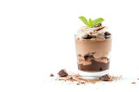 Layered chocolate mousse dessert in glass with mint garnish, whipped cream, and chocolate chunks on white background, isolated for menu design.