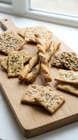 Assorted seeded crackers and breadsticks arranged on wooden board near window, showcasing variety of whole grain snacks for food styling and culinary content.