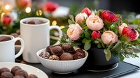 Romantic composition with fresh roses in black vase, chocolate truffles in white bowl and two cups of hot coffee against blurred holiday lights background.