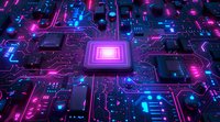 Futuristic glowing microchip on circuit board with neon pink and blue lights, perfect for technology, artificial intelligence, and computing concepts in modern digital designs.