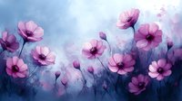Pink cosmos flowers bloom against misty blue background, delicate petals catching light in dreamy watercolor style, creating romantic floral composition.