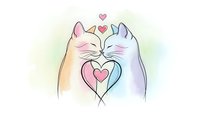 Two adorable cats nuzzling together forming heart shape with pastel watercolor background. Romantic feline couple illustration for Valentine's Day greeting cards.