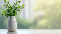 Fresh green leaves in elegant white ceramic vase on windowsill with soft natural light background, creating serene home decor atmosphere.