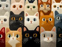 Colorful cat faces pattern with various breeds showing different eye colors and fur tones in artistic style, arranged in vertical stripes for seamless repeat design.