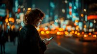 Young woman using smartphone on busy city street at night with blurred traffic lights and urban bokeh background creating atmospheric evening scene.