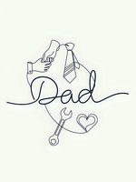 Minimalist line art drawing of dad with tie and tools, continuous one line style with heart symbol, fathers day greeting card design on beige background.