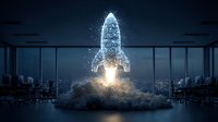 Digital rocket launch hologram in modern office with city skyline view, startup business concept for presentations and corporate innovation materials.
