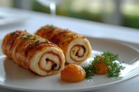 Bacon-wrapped chicken roulades filled with savory stuffing, garnished with fresh dill and apricot sauce on white plate, elegant restaurant presentation.