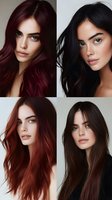 Young women with different hair colors and styles showcasing modern beauty trends in professional studio portraits. Natural makeup and flowing locks create elegant looks.