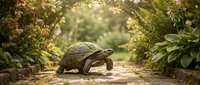 Slow-moving tortoise walking along a shaded forest path surrounded by lush green vegetation and dappled sunlight, suitable for wildlife and nature content.