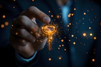 Businessman hand holding glowing golden key with magical light particles and bokeh effects symbolizing success, solution and opportunity in dark background.