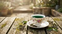 Steaming hot tea in vintage floral porcelain cup on rustic wooden table with scattered tea leaves creating cozy morning atmosphere outdoors.
