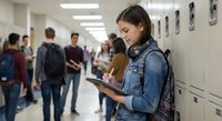 Young female student with headphones using tablet in school hallway with lockers and classmates in background for educational technology concepts.
