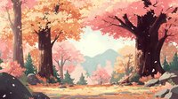 Serene autumn forest landscape with vibrant coral and peach foliage, tall trees, distant mountains, and falling leaves creating a peaceful woodland scene.