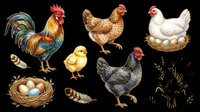 Watercolor farm poultry clipart set with rooster, hens, chick, nest with eggs, feathers, and wheat. Isolated on transparent background, ready for t-shirt design, stickers, print on demand.