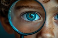 Close up view of bright blue eye with freckles seen through magnifying glass against dark background, creating dramatic macro photography effect.