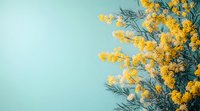 Blooming yellow mimosa branches with fluffy flowers against turquoise blue background. Spring floral border design with copy space for seasonal cards.