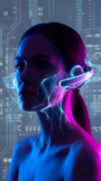 Futuristic woman with glowing neon headset and digital particles in cyberpunk cityscape with purple and blue lighting for sci-fi technology concepts.
