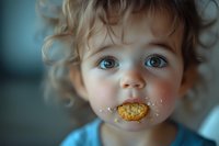 Adorable toddler with curly hair and bright blue eyes wearing blue shirt has cookie crumbs around mouth while eating sweet treat, close up portrait with soft bokeh background.
