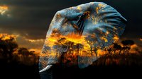Artistic double exposure of African elephant silhouette merged with dramatic sunset safari landscape showing acacia trees against orange and blue sky background.