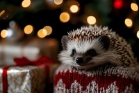 Adorable hedgehog wearing festive red knitted sweater with warm bokeh lights creating cozy holiday atmosphere for seasonal greeting cards and winter campaigns.