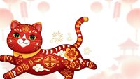 Red decorative cat with traditional ornamental patterns jumping playfully against soft pink bokeh background for festive celebrations and cultural designs.