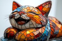 Colorful stained glass cat sculpture featuring vibrant orange, blue and red mosaic pattern, close-up view showing detailed craftsmanship and artistic design.