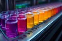 Colorful chemical solutions in glass beakers arranged in laboratory setting for scientific research and experimentation in modern lab environment.