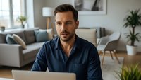 Confident Caucasian businessman working on laptop in modern home office with stylish furniture and plants creating productive workspace atmosphere.