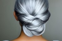 Elegant low bun hairstyle in trendy silver gray color shown from behind on Asian woman, professional updo with smooth twisted sections for special occasions.