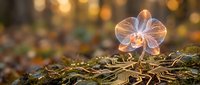 Delicate translucent orchid flower glowing with warm light on moss-covered forest floor with golden bokeh background creating magical atmosphere.