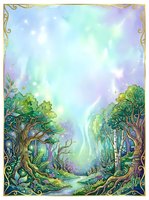 Enchanted forest pathway with ancient trees, magical glowing light, and mystical atmosphere. Ornate gold border frame. Fantasy woodland scene for book covers, posters, and creative projects.