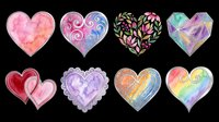 Decorative heart shapes with various watercolor patterns, floral designs, and gradient fills isolated on transparent background, ready for t-shirt designs, stickers, clipart, and print-on-demand products.