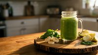 Fresh green smoothie in mason jar on wooden cutting board with spinach leaves and lemon slices in modern kitchen setting for healthy lifestyle and nutrition.
