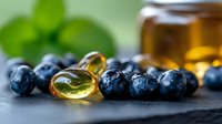 Fresh ripe blueberries with vitamin supplement capsules and honey jar on dark stone background, healthy lifestyle and natural supplements concept.