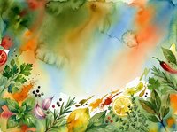 Watercolor floral border with vibrant botanical elements and colorful paint splashes on textured paper background for spring design projects.