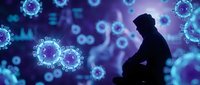 Silhouette of person in protective mask surrounded by floating coronavirus particles on purple blue gradient background for pandemic awareness campaigns.