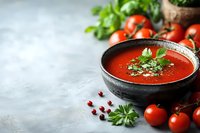 Fresh homemade tomato soup garnished with herbs and spices in black ceramic bowl, surrounded by cherry tomatoes and parsley on gray concrete background.