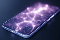 Glowing purple lightning effect on smartphone screen with particles and energy streams creating magical network connections on dark background.