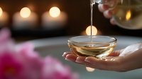 Pouring honey-colored liquid into glass bowl held in feminine hand against blurred candlelit background with soft pink floral elements creating spa atmosphere.