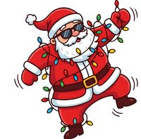 Cheerful Santa Claus dancing with colorful Christmas lights wrapped around his body, wearing sunglasses and red suit on white background.