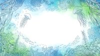 Underwater ocean frame with jellyfish, coral reefs and marine plants in watercolor style. Copy space for text in center on white background.