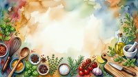 Watercolor culinary flat lay with fresh herbs, spices, vegetables and cooking utensils arranged on white background for recipe blogs and food styling projects.