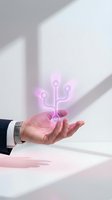 Businessman hand holding glowing pink digital network connection icon with branching pathways representing connectivity and data transfer solutions.