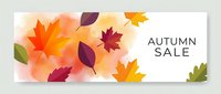 Autumn sale banner with colorful falling leaves in orange, red and yellow tones on light background for seasonal marketing campaigns and promotional materials.