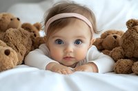 Sweet baby girl with bright blue eyes and pink headband lying on white bedding surrounded by brown teddy bears, capturing innocent childhood moment.