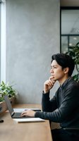 Asian male professional in dark sweater sitting at wooden desk with laptop, hand to chin in thoughtful pose, concrete wall and potted plants in modern office setting for business and work concepts.